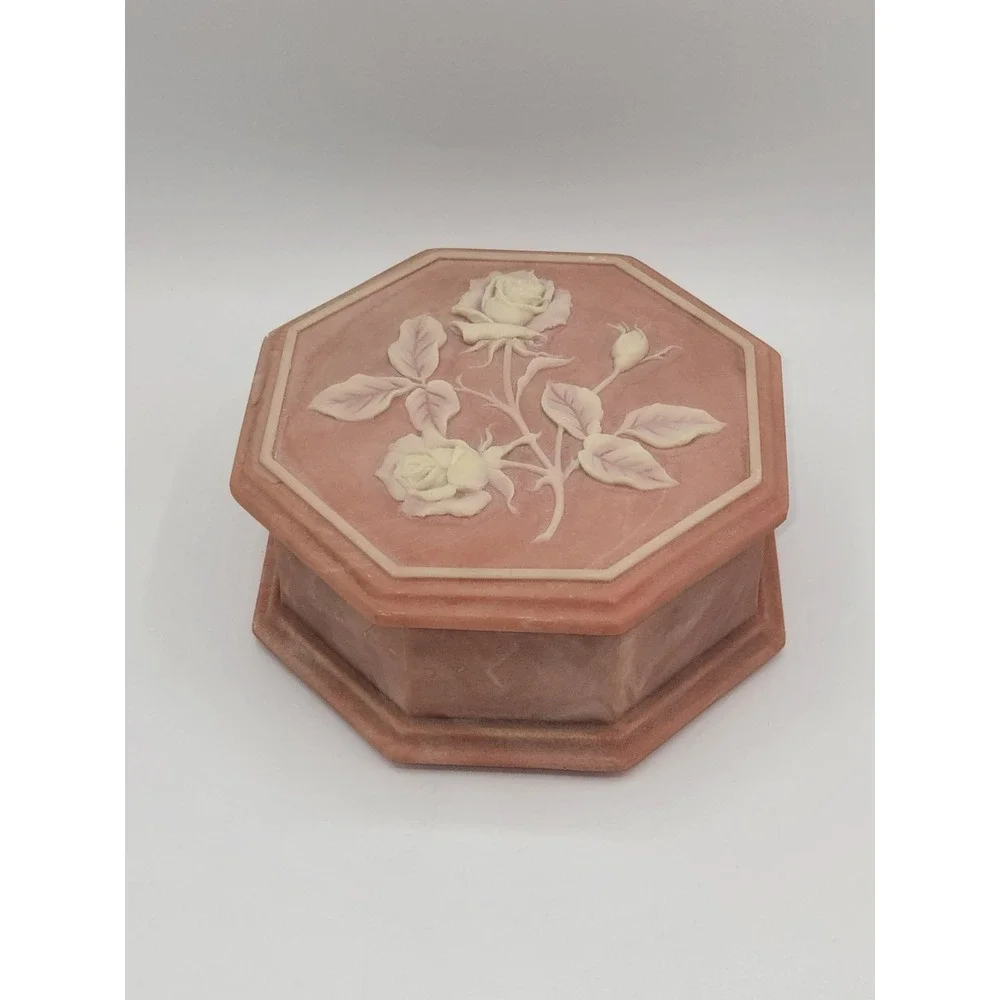 Vintage Soapstone Rose Music Box Octagon Jewelry Trinket Box 1974
